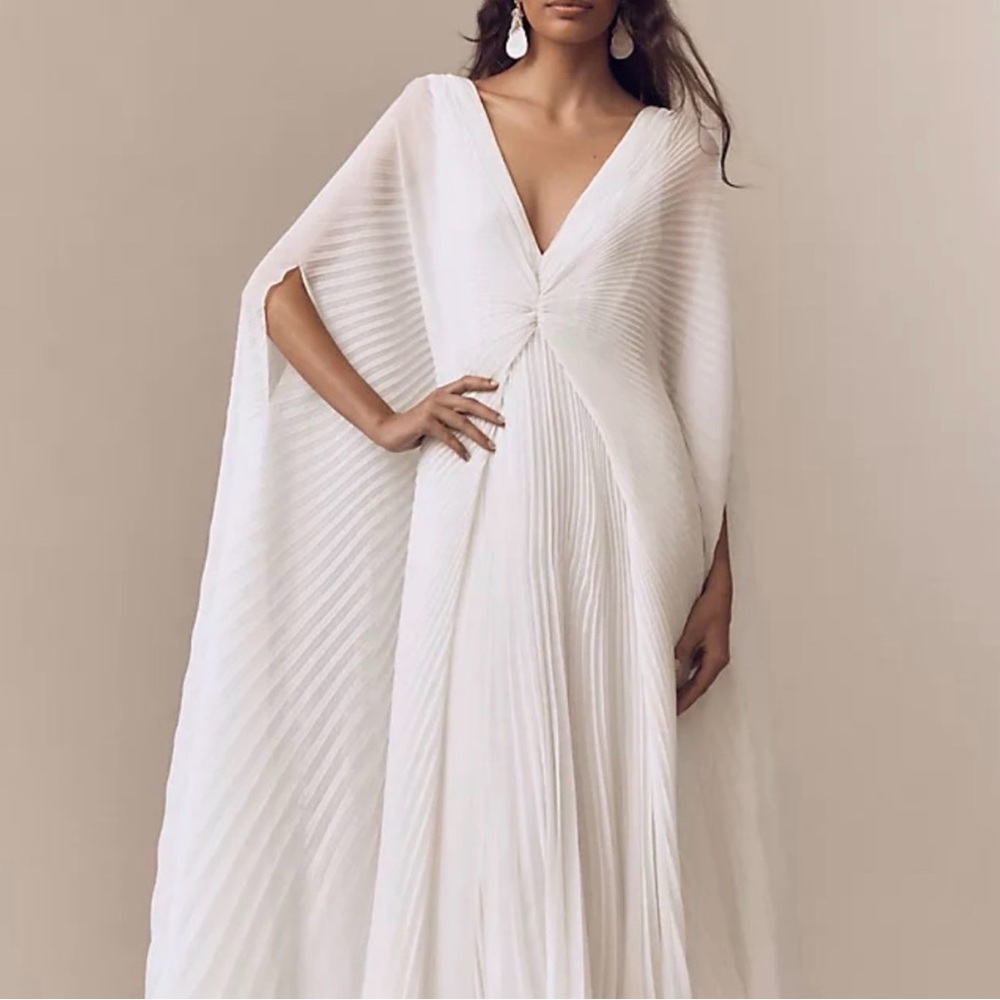 Pleated Cape V-Neck Maxi Dress in Ivory (Geisha Designs, Anthropologie)
